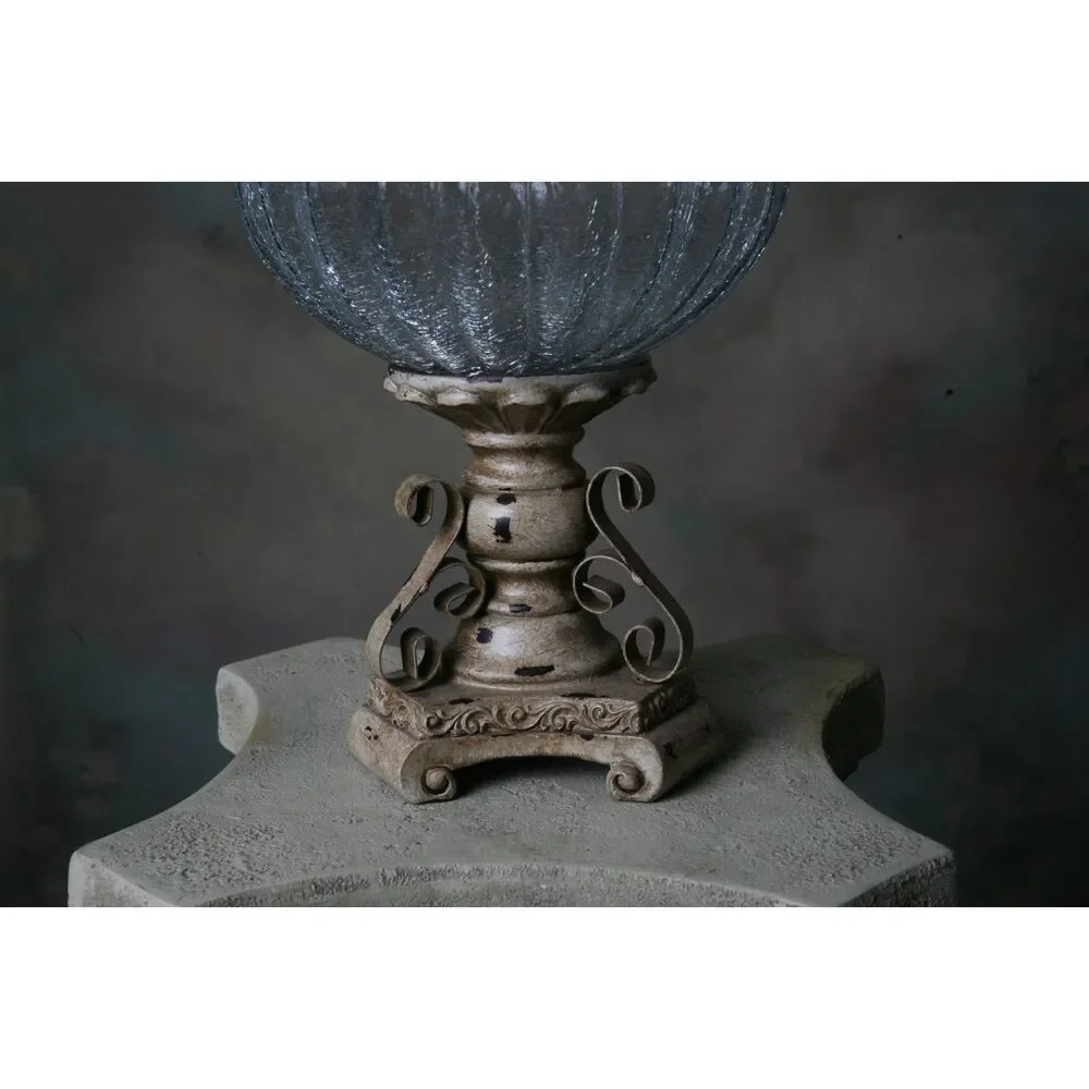 Decorative Crackle Glass Jar With Fleur-de-lis Lid Metal Work Aged - Picture 4 of 9